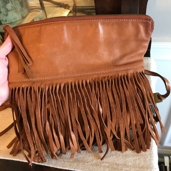 Frye Heidi Leather Fringe Cognac Brown Crossbody Clutch Bag Retail $298 - Picture 7 of 13